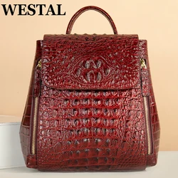 WESTAL Real Leather Laptop Backpack Fashion Travel Bags Daypack for Women Crocodile Pattern School Backpack for Girls 7696