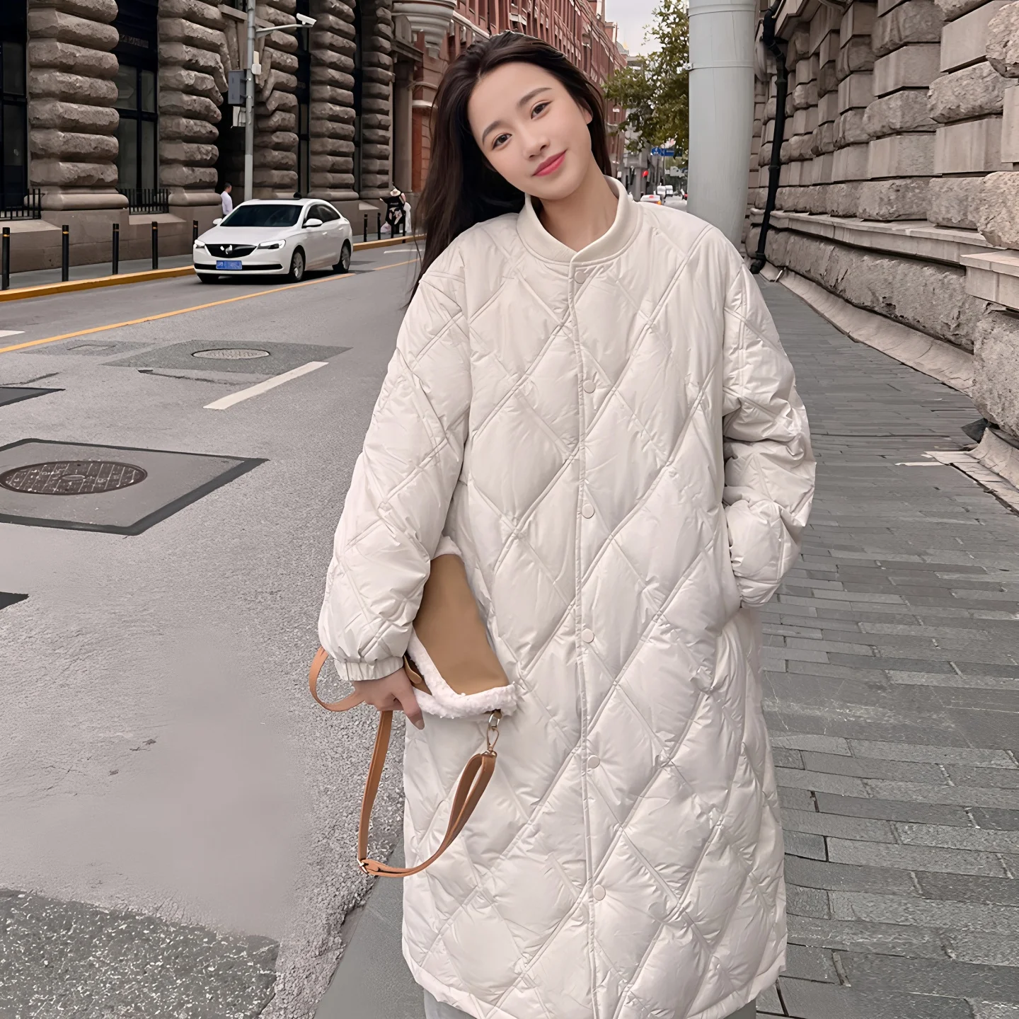 Women's Autumn and Winter New Diamond-Patterned Long Lightweight down Cotton Jacket, British Style Mid-Length Cotton Coat, Korean Style Hooded Faux Two-Piece Warm Jacket