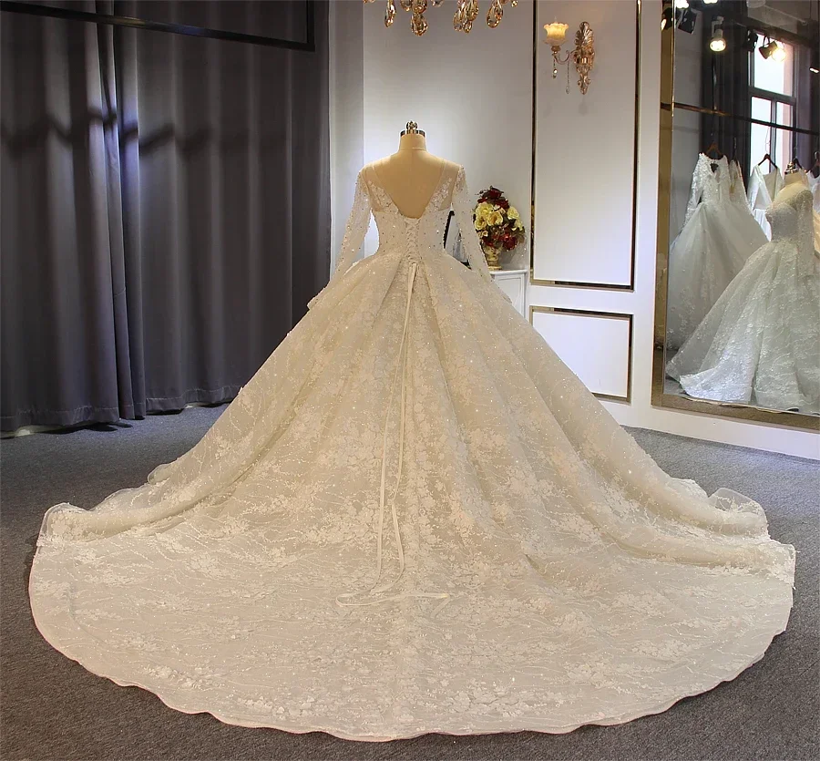 Flavinke 맞춤형 럭셔리 레이스 아플리케 진주 웨딩 드레스 볼 가운 긴 소매 시니 웨딩 드레스 2025