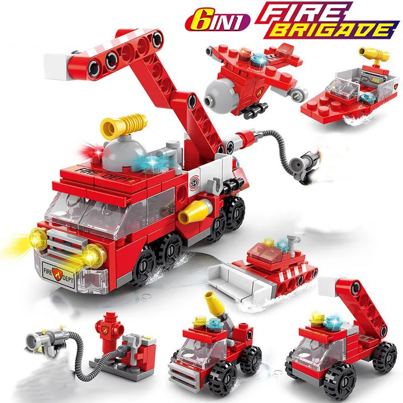 Mini size 6 In 1 Building Blocks DIY Police Car Fire Truck Castle Model Bricks Kids Educational Toys Gifts