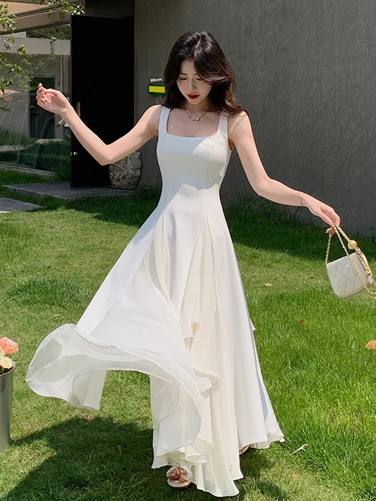 

Удлиненное белое летнее женское платье А-силуэта до щиколотки с завышенной талией, в корейском стиле