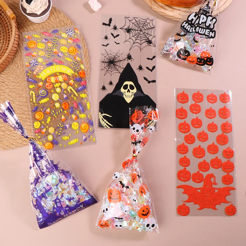 50Pcs Halloween Candy Bag Pumpkin Skull Bat Plastic Bags Transparent Cookie Packaging Gift DIY Halloween Party Favors Decor