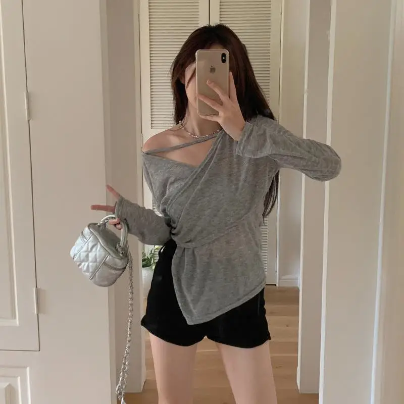 

Чайный стиль Pure Desire с v-образным вырезом и крестом, нерегулярная солнцезащитная футболка, летний тонкий топ с длинными рукавами