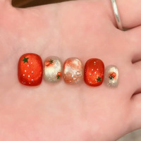 10pcs Festive Red Oval Short Press-On Nails with Cute Tomato Design Glossy Finish Holiday Nail Art Set for Women and Girls Wear