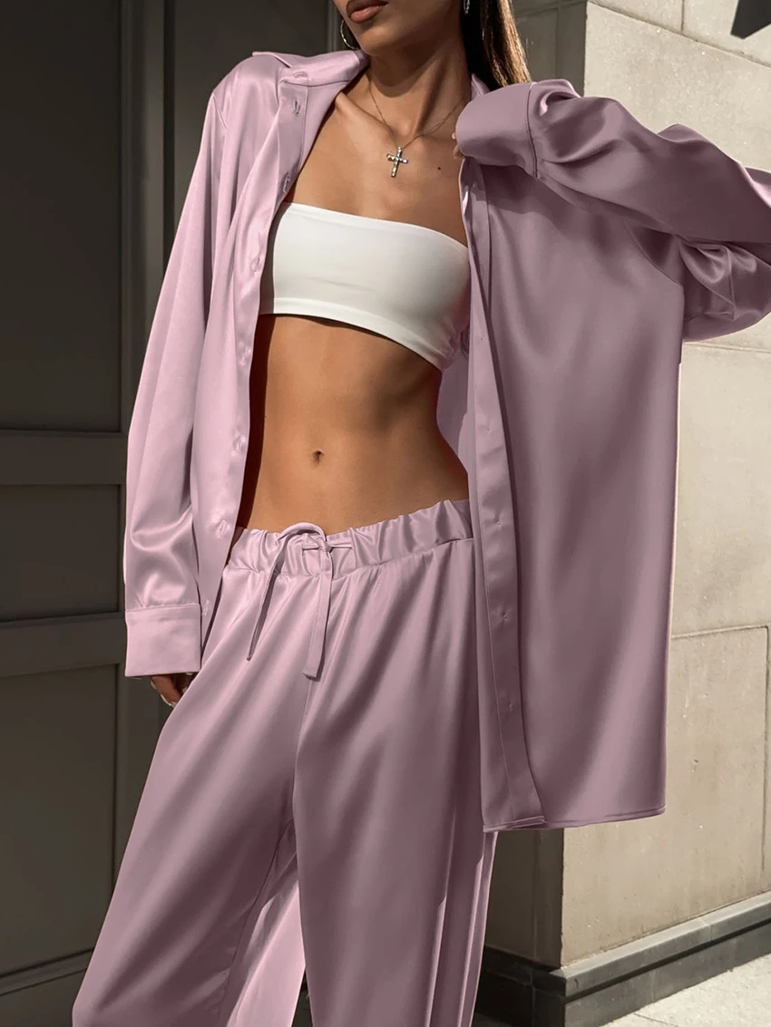 Marthaqiqi Casual Women Nightgowns 2 Piece Suit Long Sleeve Sleepwear Turn-Down Collar Nightwear Pants Loose Ladies Nightie Set