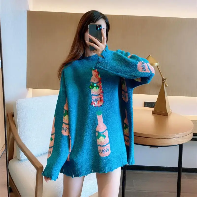 2023 Kawaii Lieve Schattige Casual Pailletten Top Trui Nieuwe Vrouwen Herfst Winter Blauwe Waterfles Print Rafelige Rand Gebreide Truien