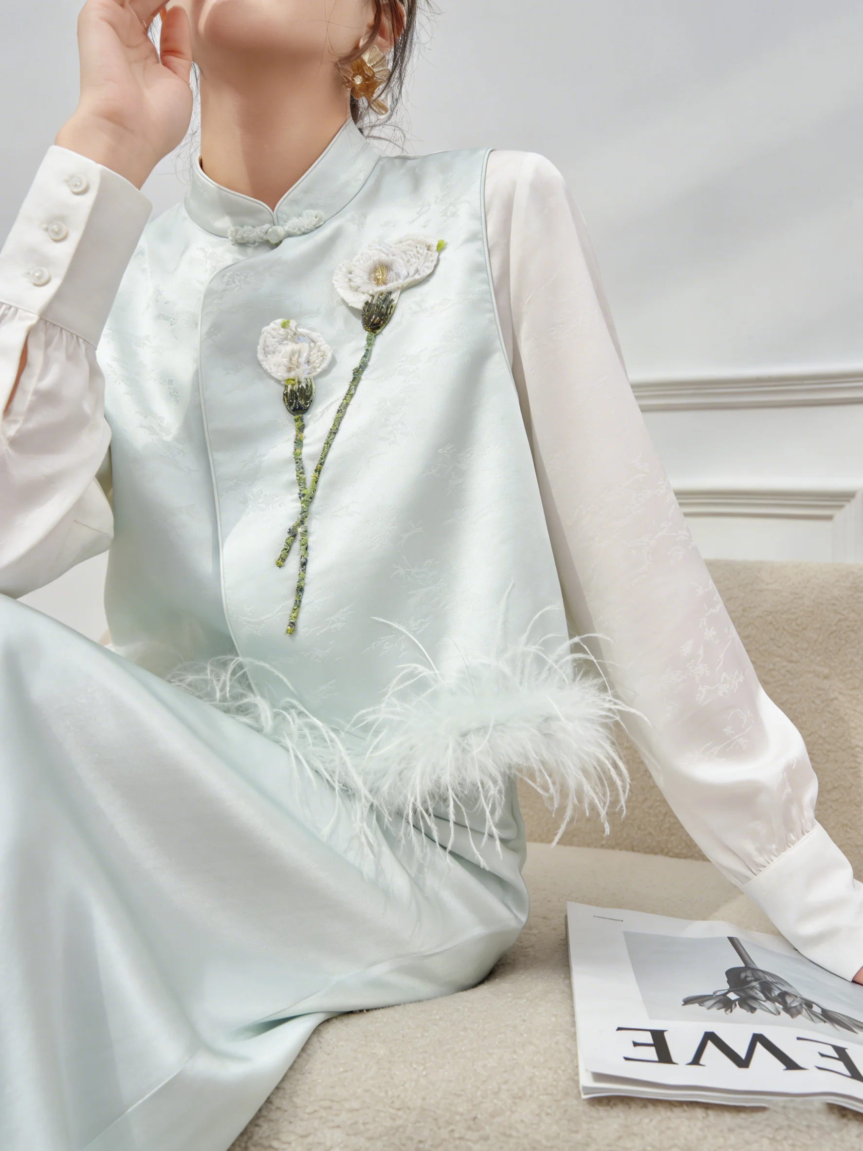 

New Chinese Sle Floral P een Buttoned Vest Skirt Set Women's High Waist Loose Fit Faion Spring Outfit Clete Set