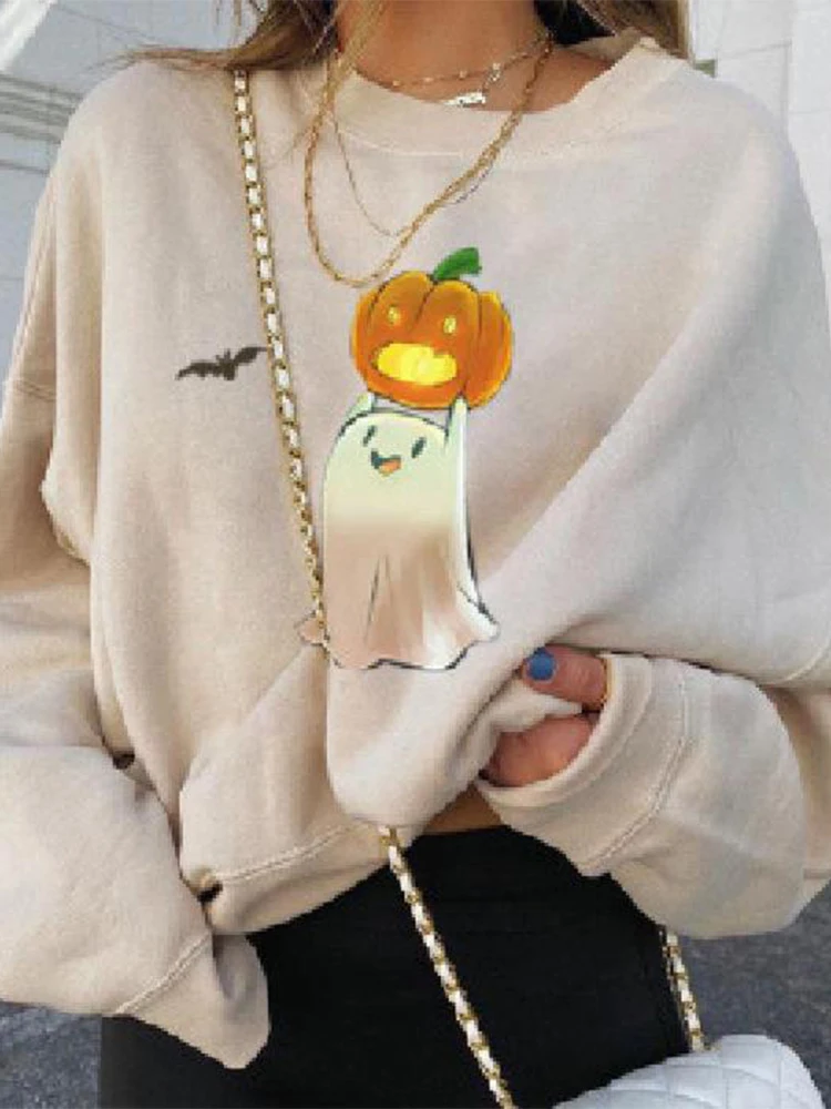 OMSJ 2024 Halloween Ghostface Pumpkin Print Cute Casual Pullover Sweatshirt Women Loose Fashion New Festival Daily O Neck Jumper