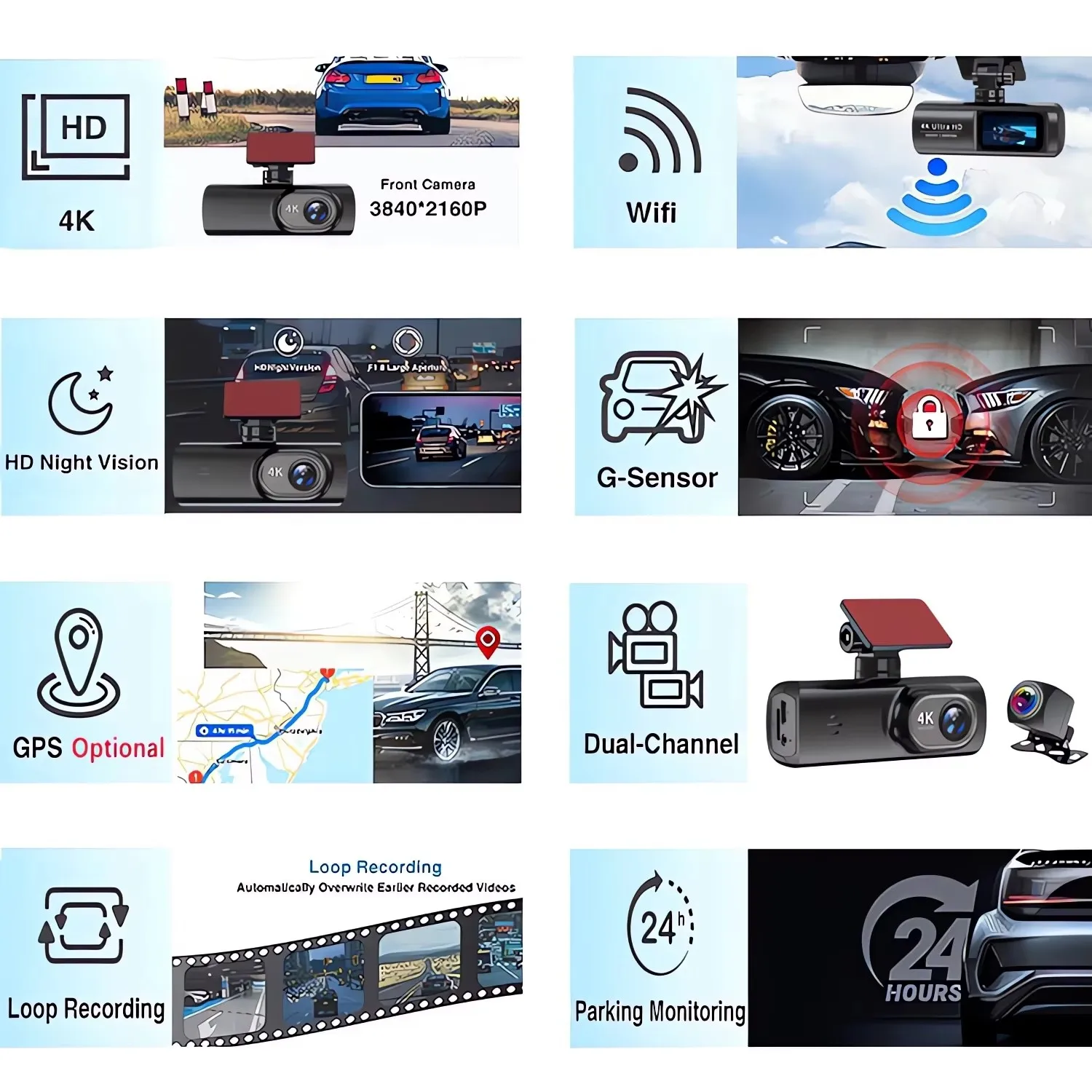 Dash Cam UHD 4K 3840*2160P Recording Car Camera DVR Super Night Vision Video Recorder Built-In Wi-Fi Support GPS 24H Parking