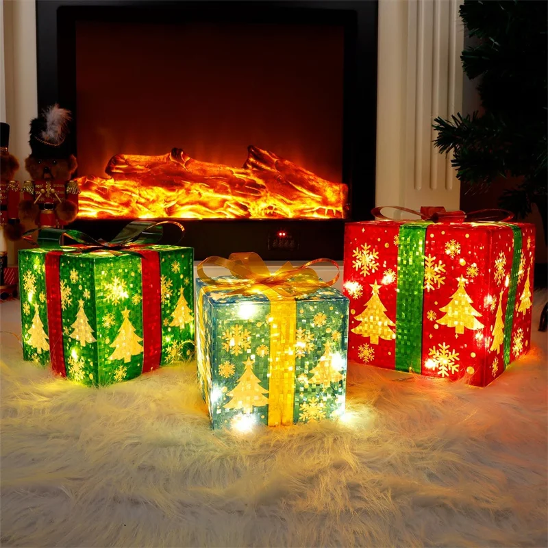 3Pcs/Set PVC Christmas Gift Box Set Luminous Folding Christmas Lighting Box with Bow Ribbon Christmas Glowing Decoration Outdoor
