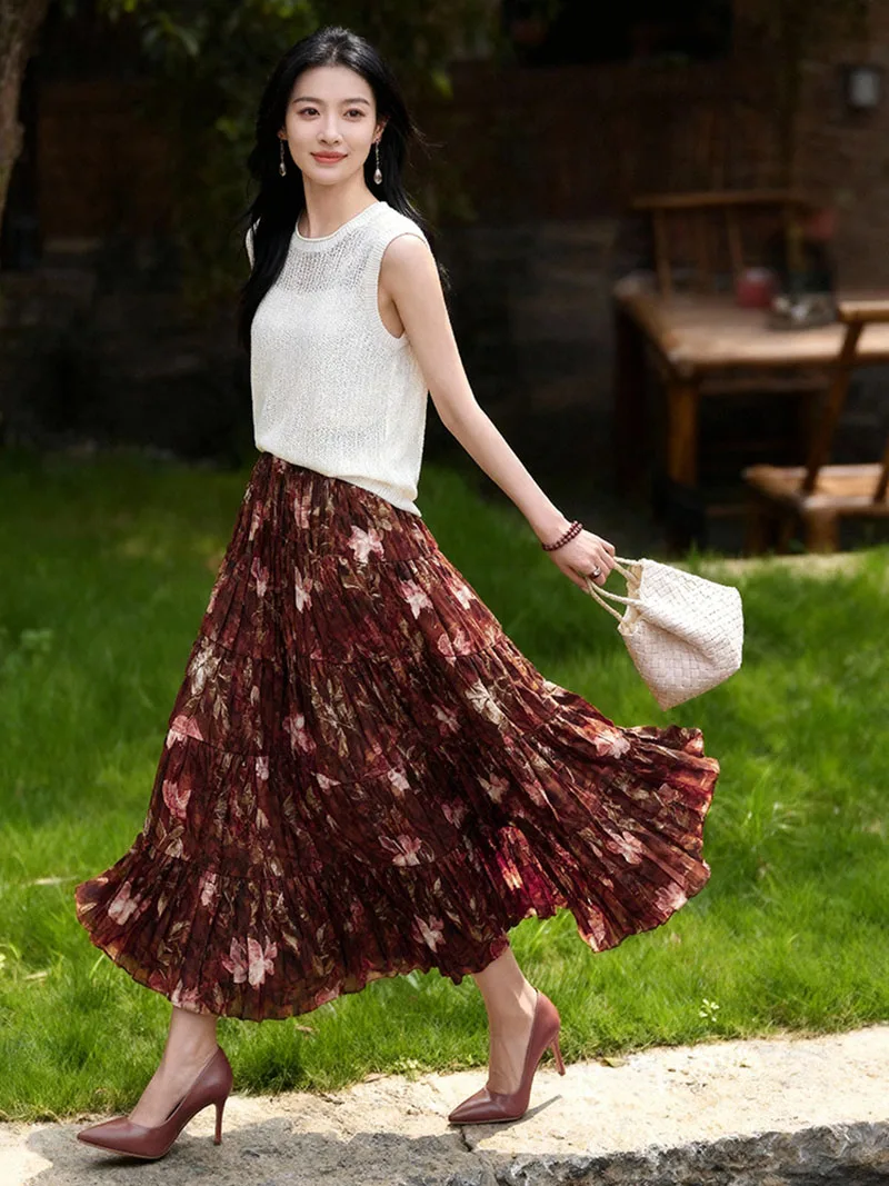 Summer Skirts New Wonderful Wizard Fragmented Flower Half length Skirt High Waist Versatile Skinny Wrinkled A-line Swing Skirt