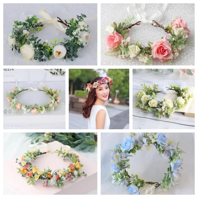 

1pc Artificial Flower Vine Headband - Boho Floral Crown for Bride Wedding - Beach Ceremony Photo Prop Hair Garland