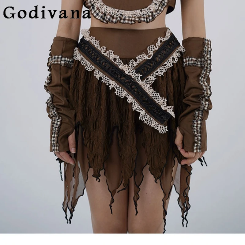 

Summer New Irregular Brown Elegant Lace Street Skirt Personalized Girls High Waist A-line Versatile Age-reducing Short Skirts