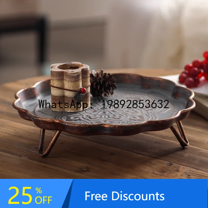 

CZ Chinese Style Retro Polygonal Carved Iron Tray Tea Room Restaurant Stove Cooking Tea Tabletop Fruit Plate Decorative Plate
