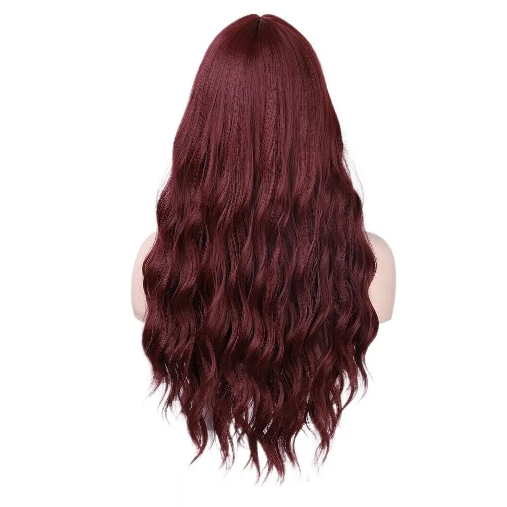 Long Wavy Cosplay Party Wig With Bangs Heat Resistant Hair Deep red