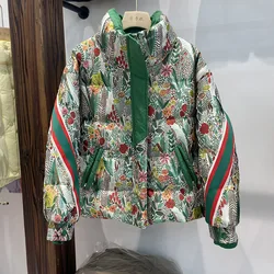 Chaqueta de plumón de pato blanco grueso para mujer, abrigo corto de plumas, moda europea, estampado de empalme, alta gama, Invierno