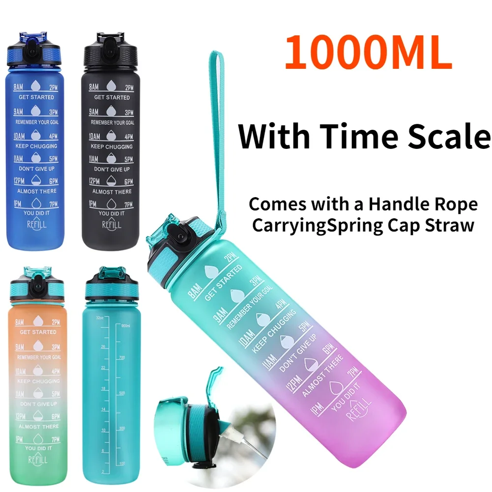 1L Water Bottle Gradient Color Motivational Sports Water Bottle with Time Marker Leak-proof Cup Straw Water Cup for Office Gym