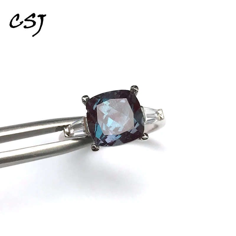 

CSJ Trendy Lab Grown Alexandrite Ring Sterling 925 Silver Ring Gemstone 8mm for Women Lady Engagement Milgrain Party Gift