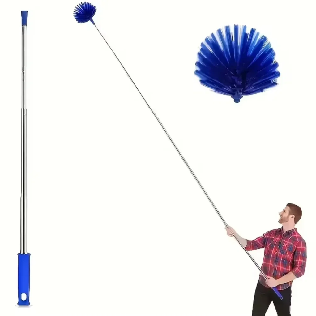 1pc Extendable Spider Web Duster with Medium Stiff Bristles, Retractable Stainless Steel Pole for Indoor & Outdoor Cleaning