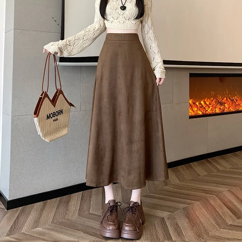 

Qiukichonson Mid Long Skirts Womens Suede Skirt 2025 Autumn Winter Korean Vintage High Waist A-Line Coffee Black Skirts rok
