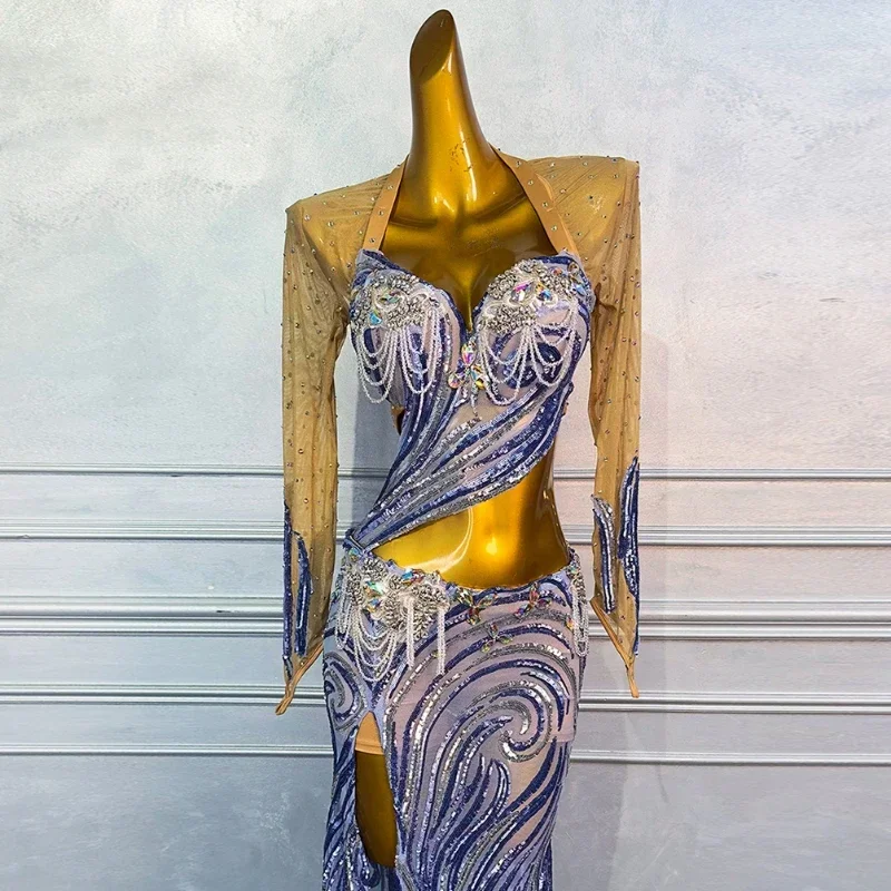 Femmes luxe strass Senior paillettes danse orientale adulte compétition vêtements danse du ventre Performance Costumes tenue