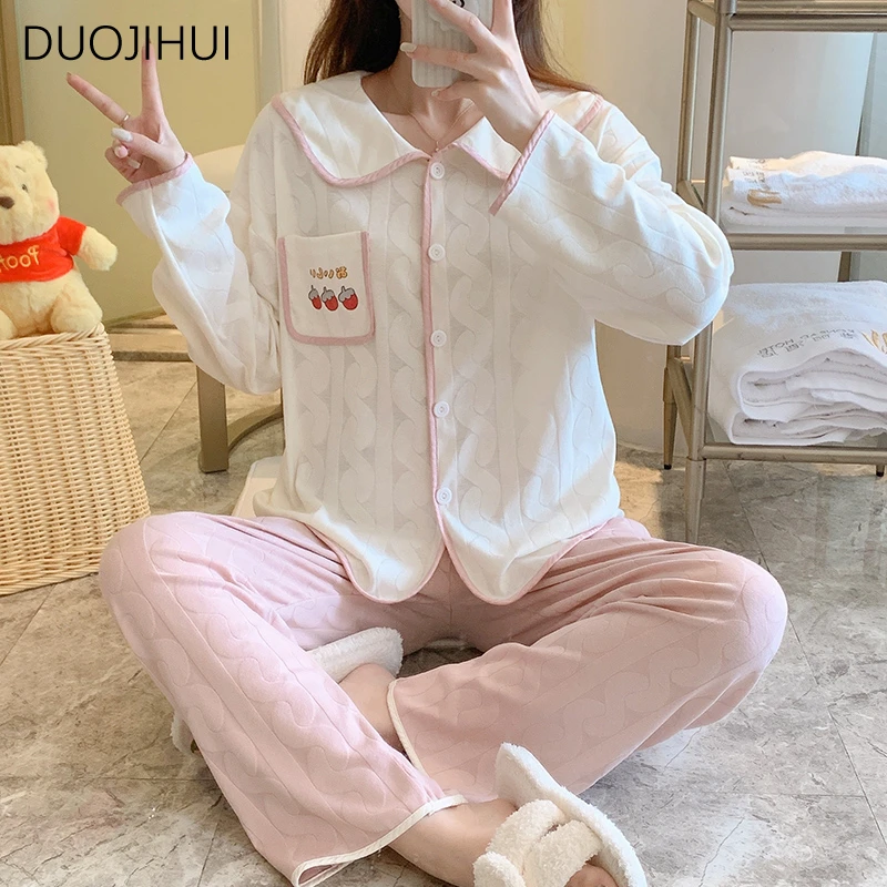 DUOJIHUI Autumn Two Piece Sweet Loose Female Pajamas Set Chic Button Cardigan Simple Pant Fashion Casual Home Pajamas for Women