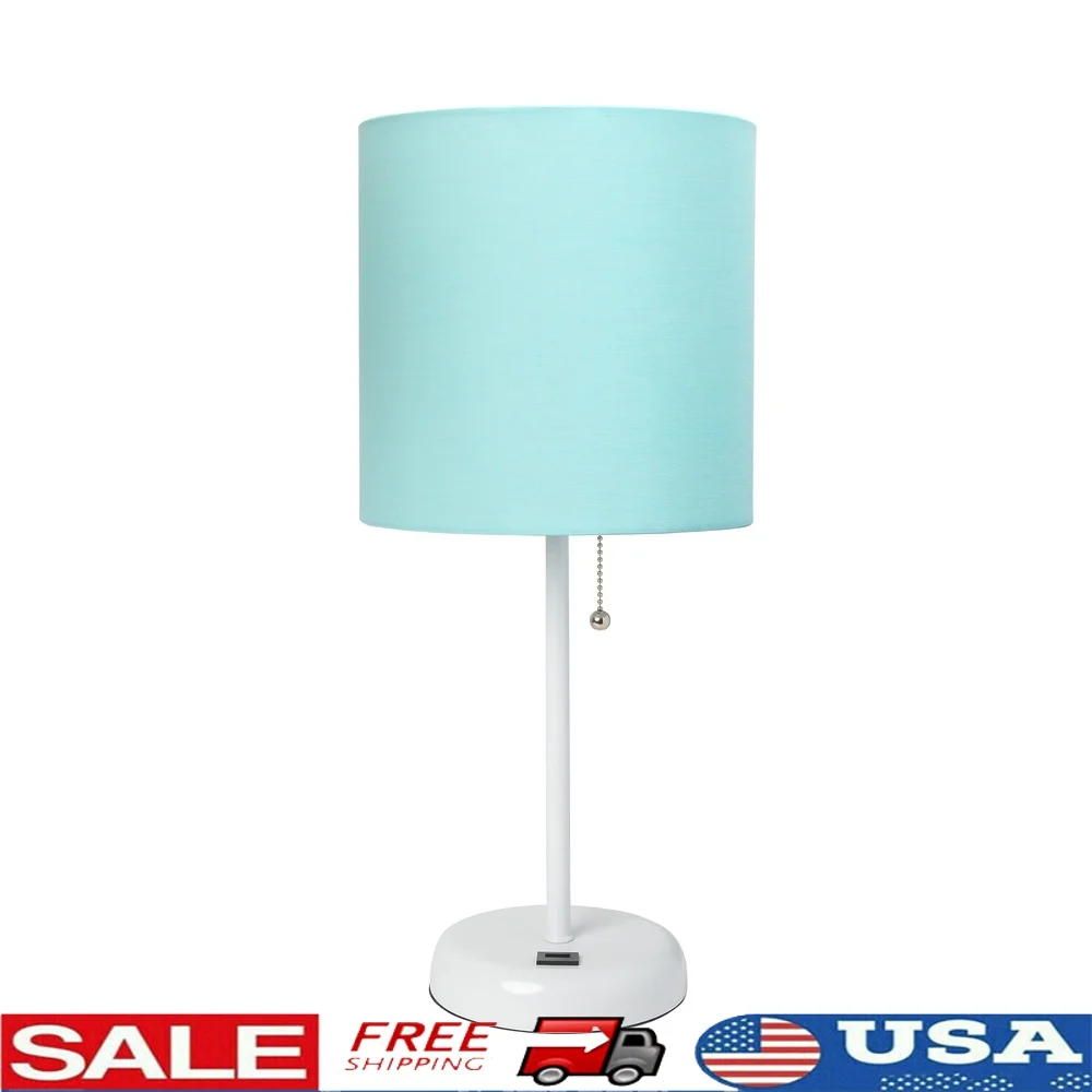 

White Stick Lamp with USB Charging Port Fabric Shade Stylish Table Lamp Bedroom Kids Dorm Nursery Office