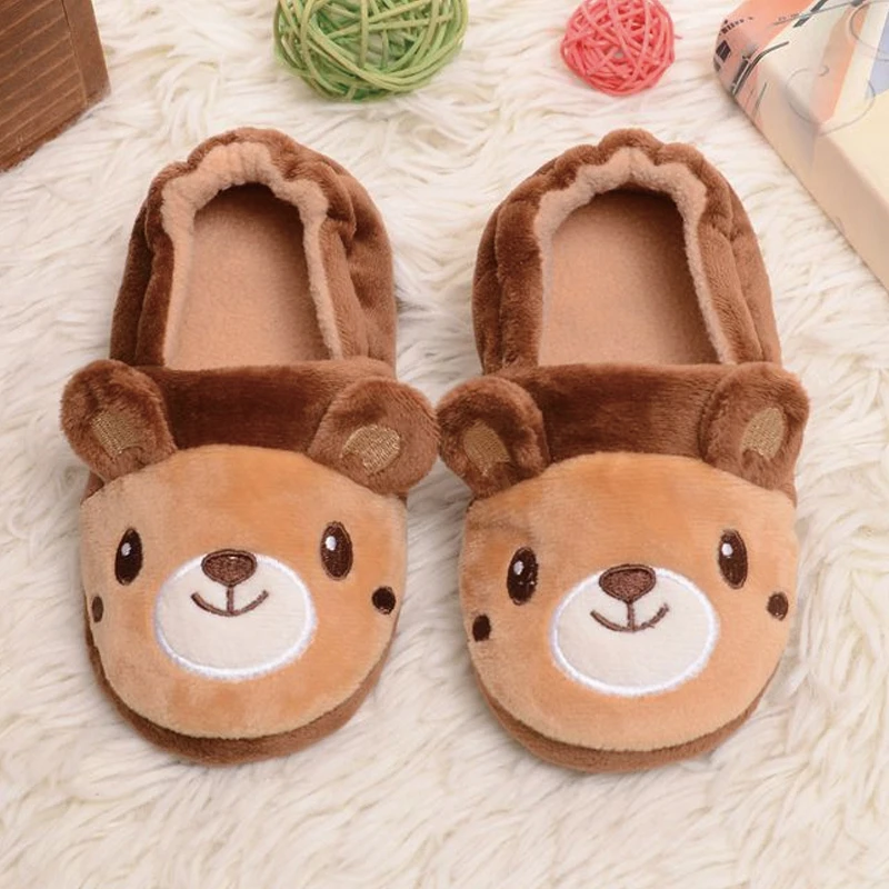 New Toddler Boy Slippers Indoor Winter Plush Warm Little Kid House Footwear Cartoon Brown Bear Rubber Sole Home Shoes Baby Items