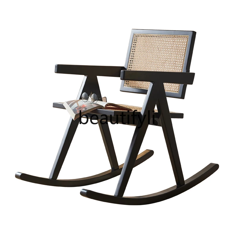 

Nordic retro rocking chair casual rattan chair modern simple solid wood lazy chair