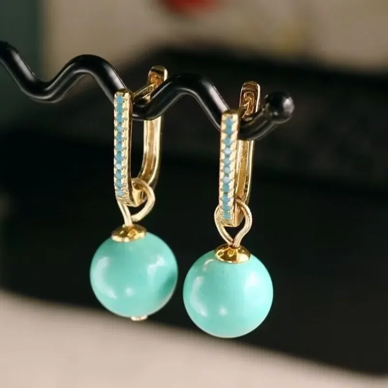 Classic fashion diamond studded light green turquoise earrings for women with round beads earring Drop banquet jewelry