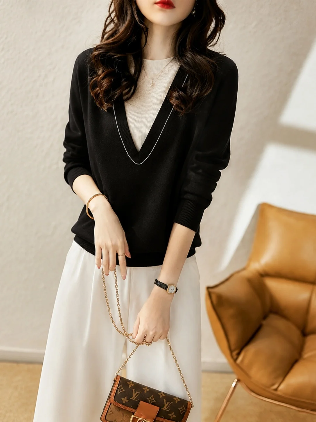 Korean Style Long Sleeve Knitwear Fashionable Versatile Autumn New Arrival Color Block Elegant Women's Top Casual Commute Style
