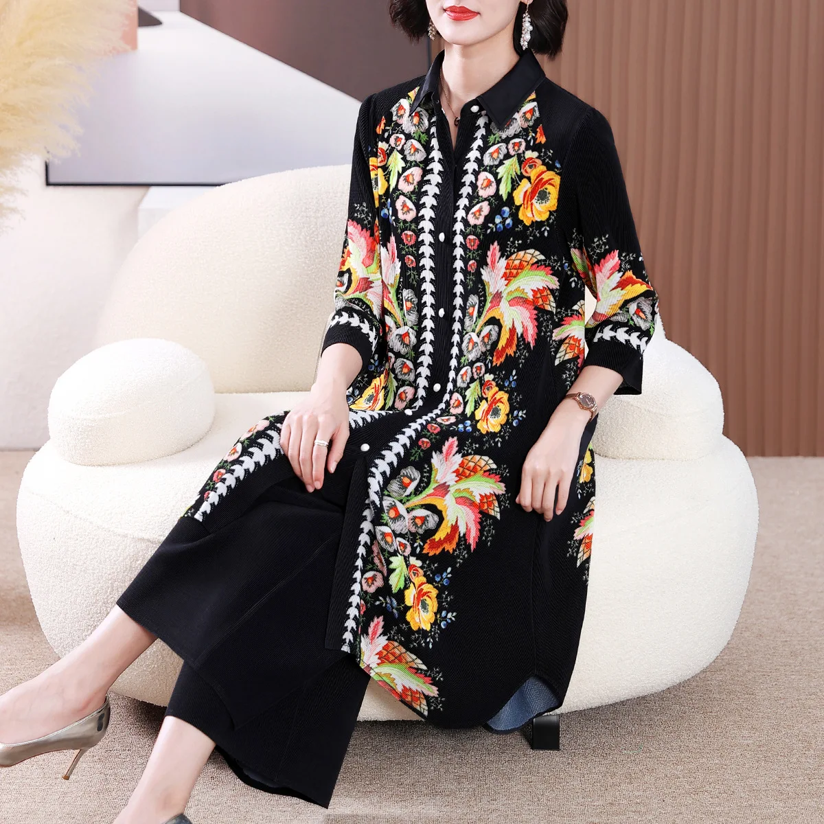 Miyake Middle-Aged and Elderly Women Retro Casual Pleated Suit Women's New Mom Summer Clothes Stylish Loose plus Size Two-Piece