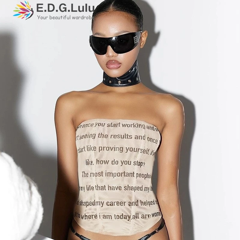 

EDGLuLu Fashionable Letter Printed Strapless Top 2025 Summer New Casual Street Sexy Backless Sleeveless Top 0806