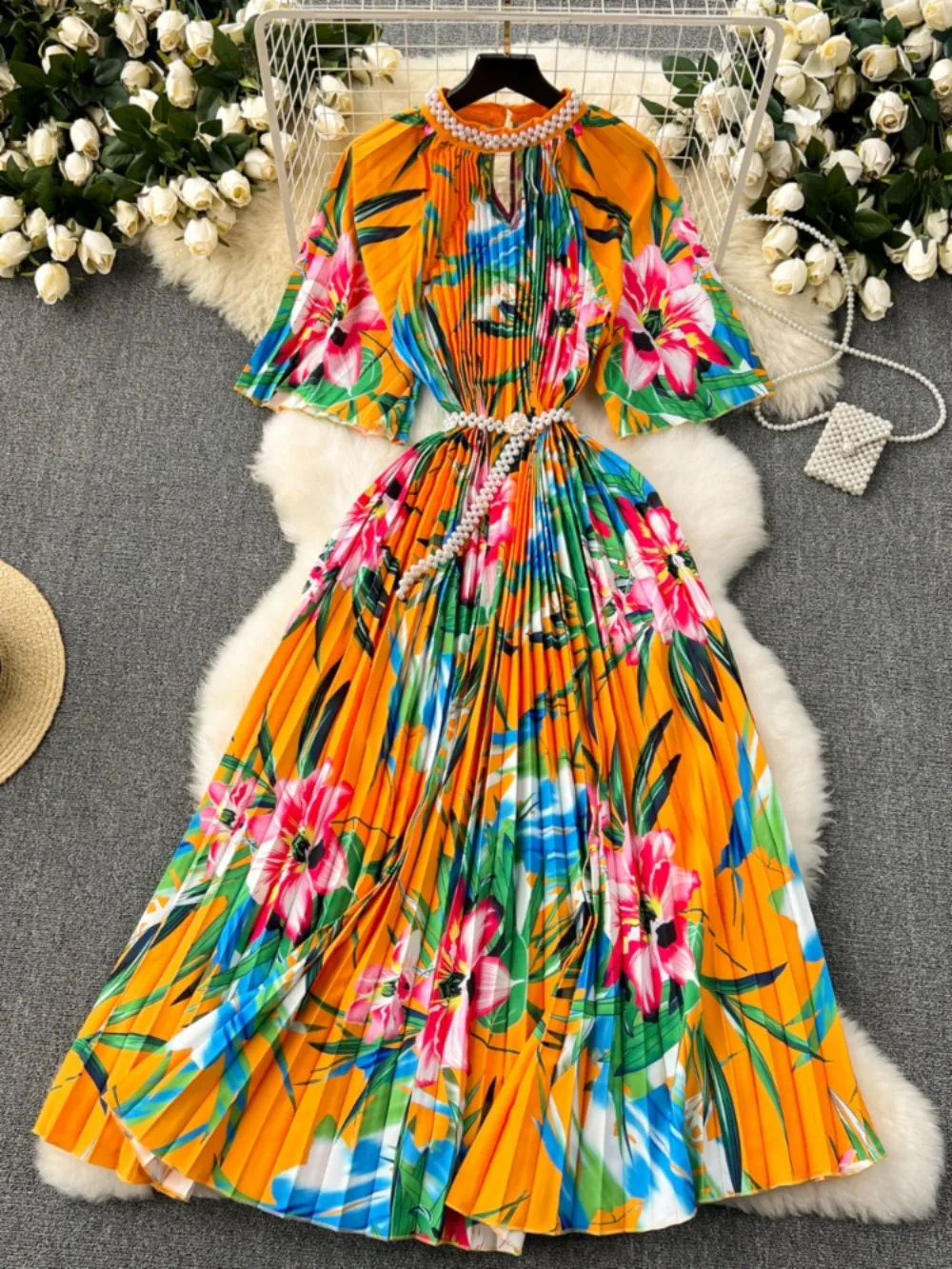 Neploe Elegant O Neck Half Sleeve Print Sweet Dress High Waist Korea Pullover Pearl Robe New Panelled Loose Pleated Moda Mujer