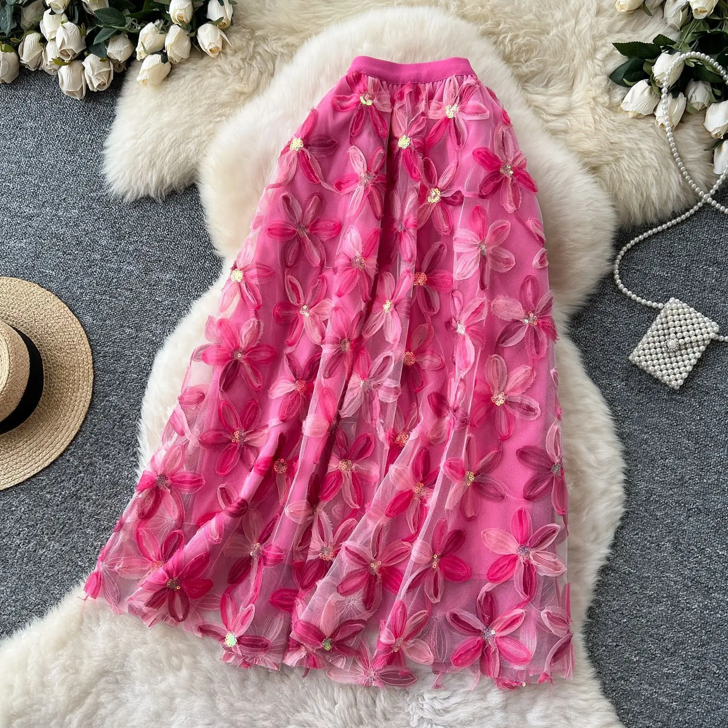 Autumn Winter Flower Embroidery Sequin Mesh Midi Skirts Women 2026 Korean Style Fashion Elegant High Waist Faldas