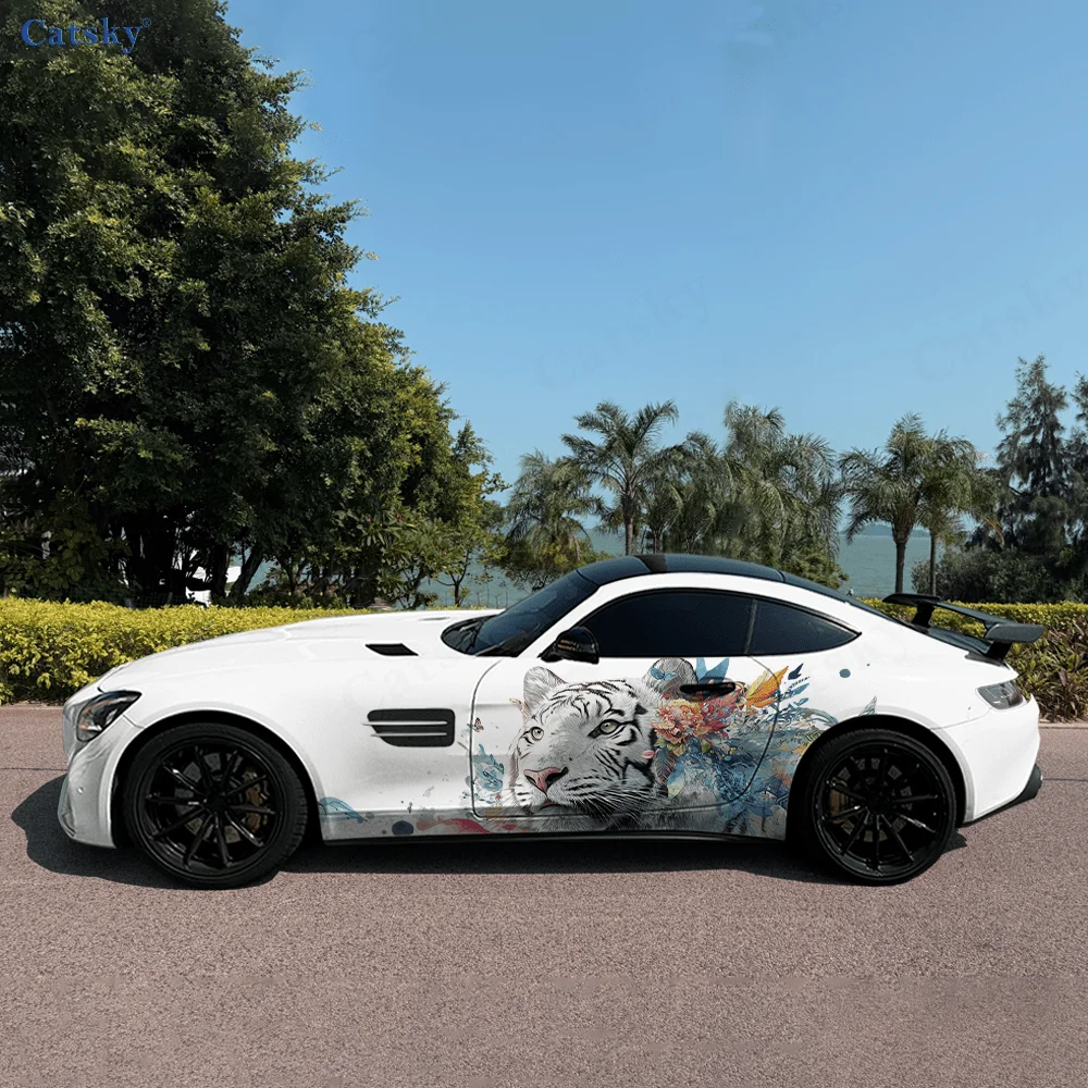 

White Tiger Gaze Car Side Sticker PVC Self Waterproof Stick, Striking Auto Exterior Accessories Decor Protect Gift for Car Lover