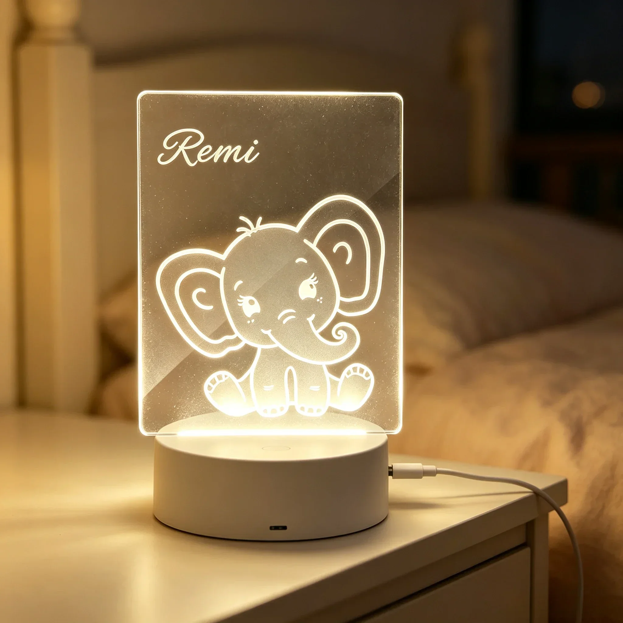 Custom Name Cute Baby Elephant Silhouette Acrylic Night Light USB Nursery LED Sleep Lamp