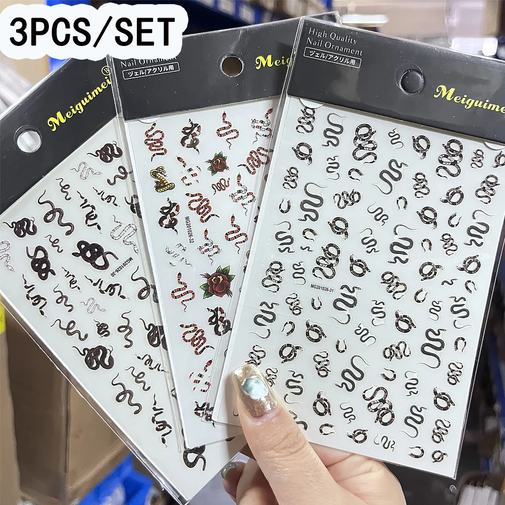 3pcs Y2K Punk Black+White Snake Nail Stickers Set Retro Rose