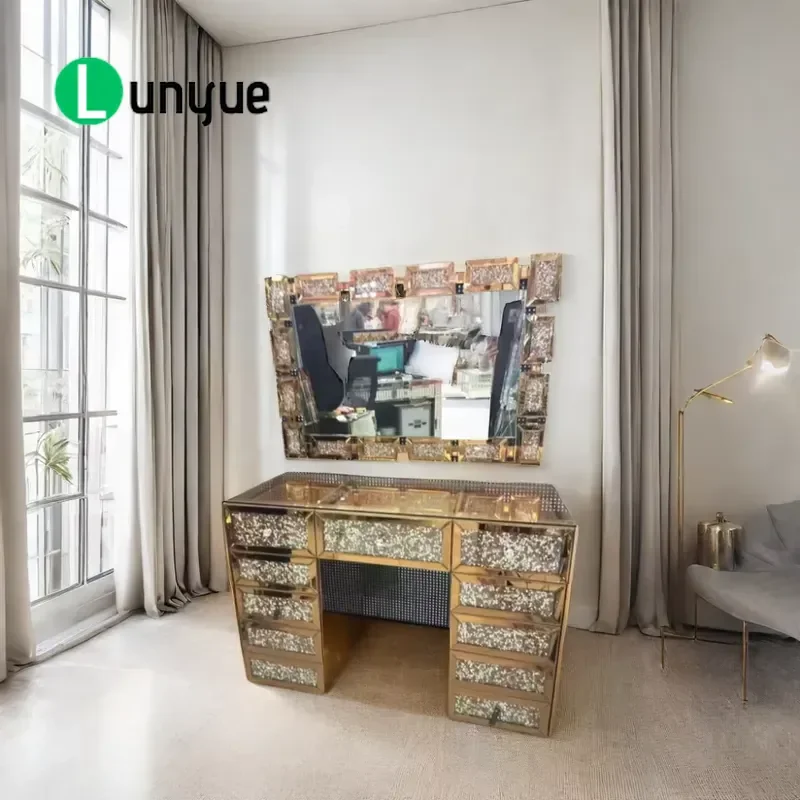 Modern Gold Crushed Diamond Dressing Table with 11 Drawers and Mirror Simple Panel Style Bathroom Vanity Furniture for Home