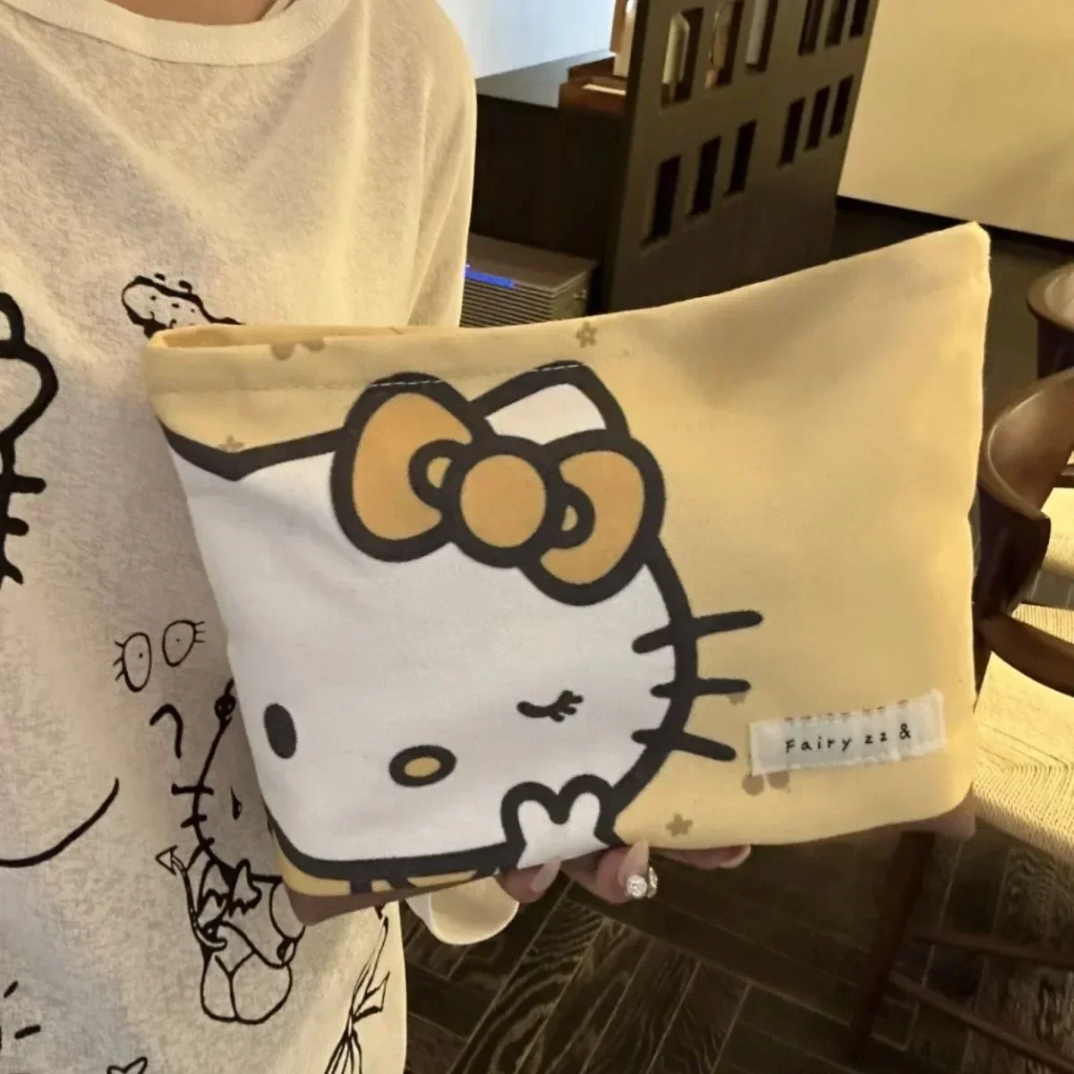 Hello Kitty Clutch Bag Miniso Canvas Contrasting Cartoon Printed Zipper Light Large Capacity Toiletry Makeup Storage Bags Girls