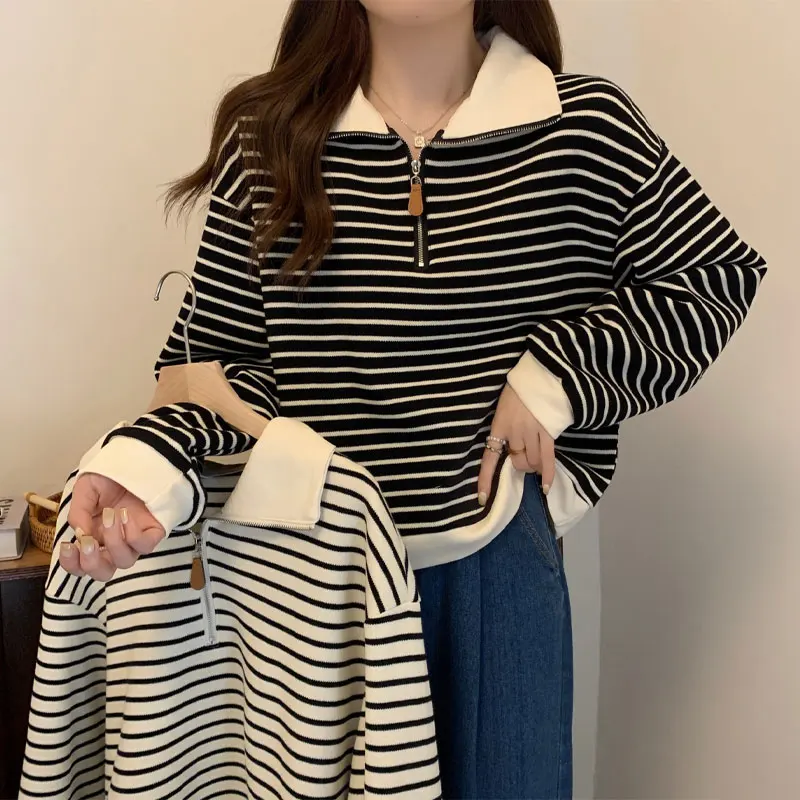 Female Clothing Polo-Neck Pullovers Fashion Zipper Commute Spring Autumn New Korean Loose Striped Casual Long Sleeve Sweatshirts