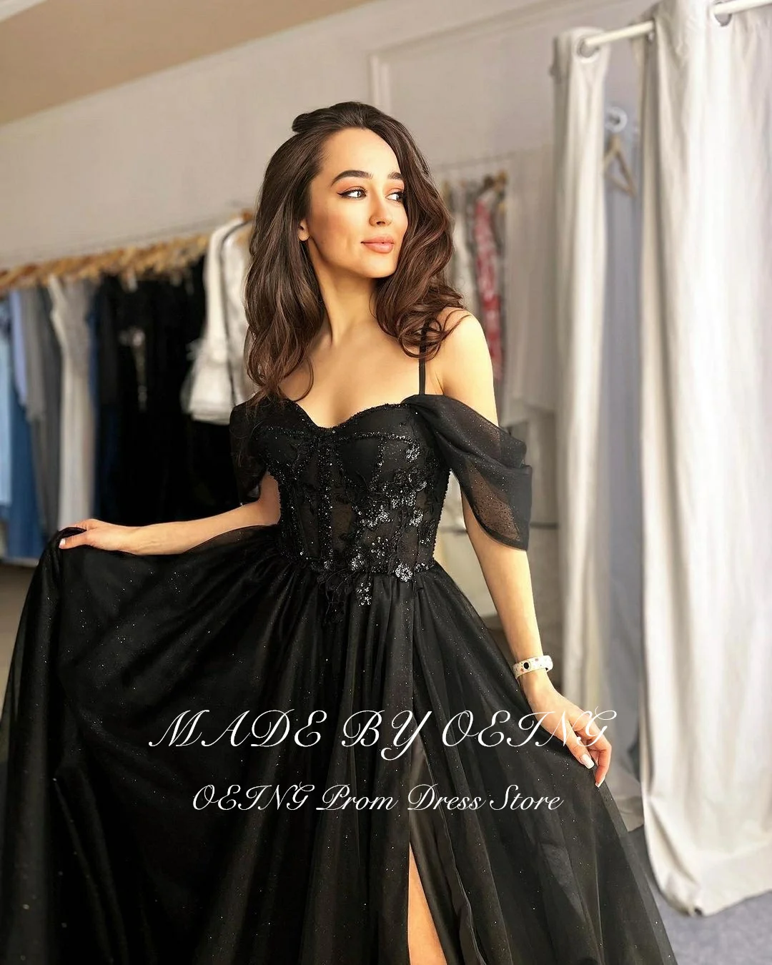 OEING Sparkly Black Tulle A Line Prom Dress 2024 Off The Shoulder Side Split Evening Dresses Glitter Floor Length Party Gowns