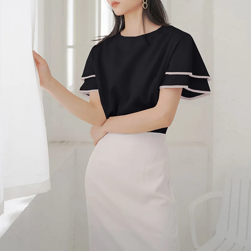 Lotte منتج جديد 3 ألوان لوتس ليف كم بلوزة شيفون للنساء الطازجة وأنيقة فضفاضة الحد الأدنى نمط قميص نسائي #4