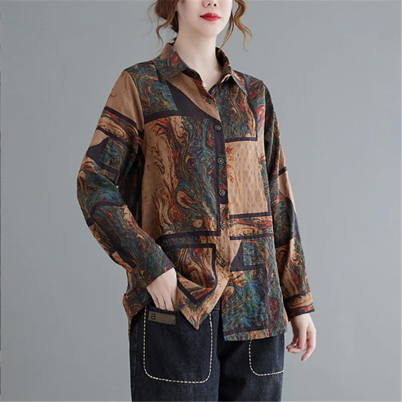 Blusa femenina holgada de manga larga para otoño y primavera, camisa holgada con estampado Vintage, talla grande, 2023