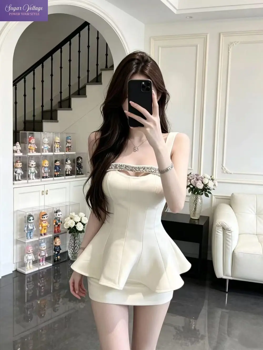 Coquette Elegant Summer Rhinestone Trim 2 Piece Set Women Slim Fit Camisole Top + Bodycon Mini Skirt Party Clubwear Outfit New
