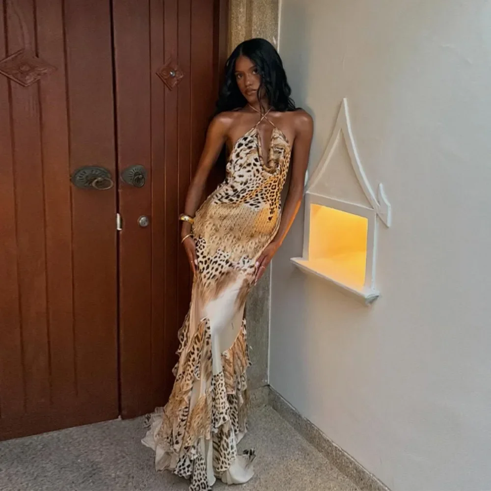 European American Women New Leopard Print Halter Deep V Backless Ruffle Maxi Gown Evening Banquet Dress
