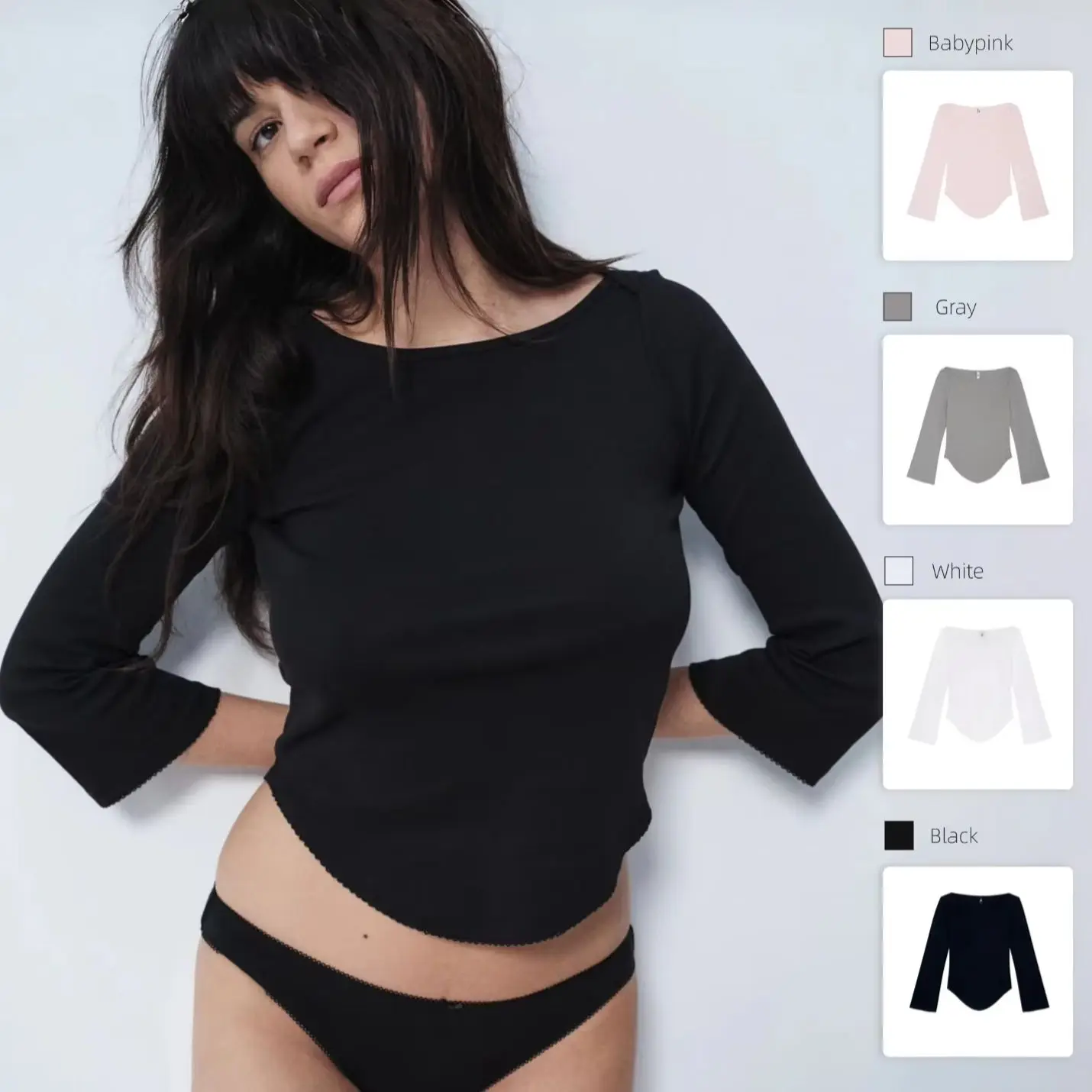 COU Solid Color Black and White 3/4 Sleeve Tunic, Slim Boat Neck Bell Sleeve Design Sensation Top