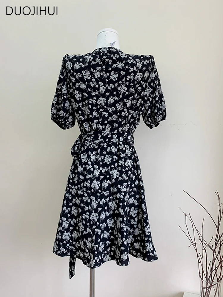 DUOJIHUI-vestidos con estampado Floral para mujer, ropa femenina con cuello en V, Estilo Vintage, elegante, coreano, a la moda, para oficina