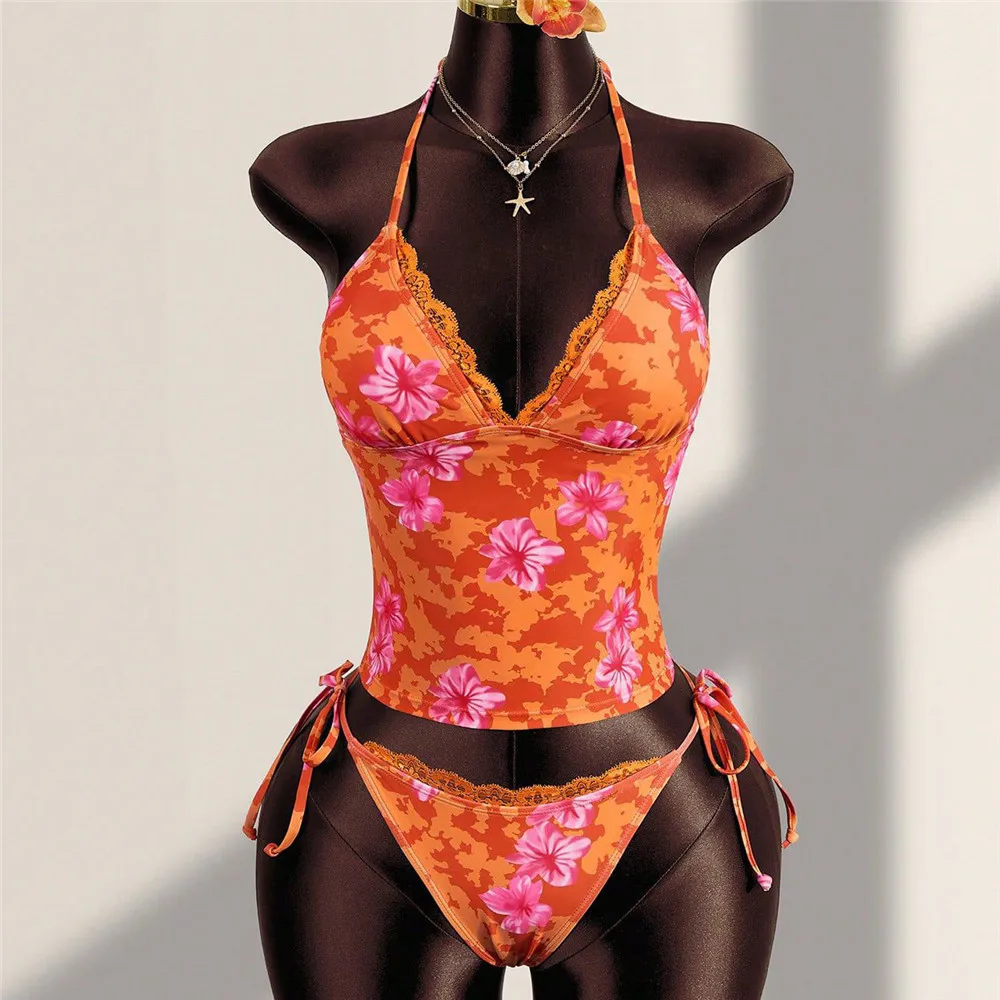 Orange Flower Print Halter Tops Micro Thong Bikinis Sets 2026 Sexy Swimsuit Women Lace Edge Swimwear Bathing Suit Bikini Femmes