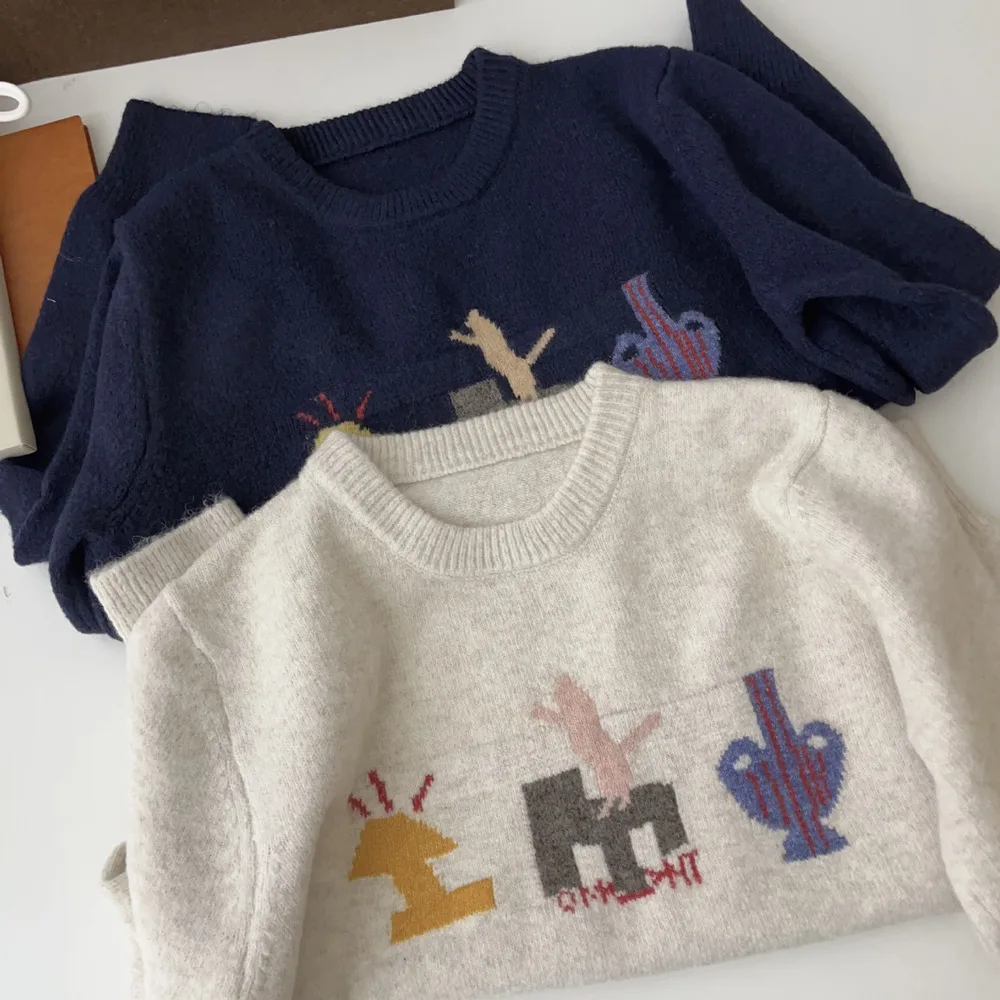 

Round Neck Thick Knitted Sweater For Women Jacquard Loose Casual Top